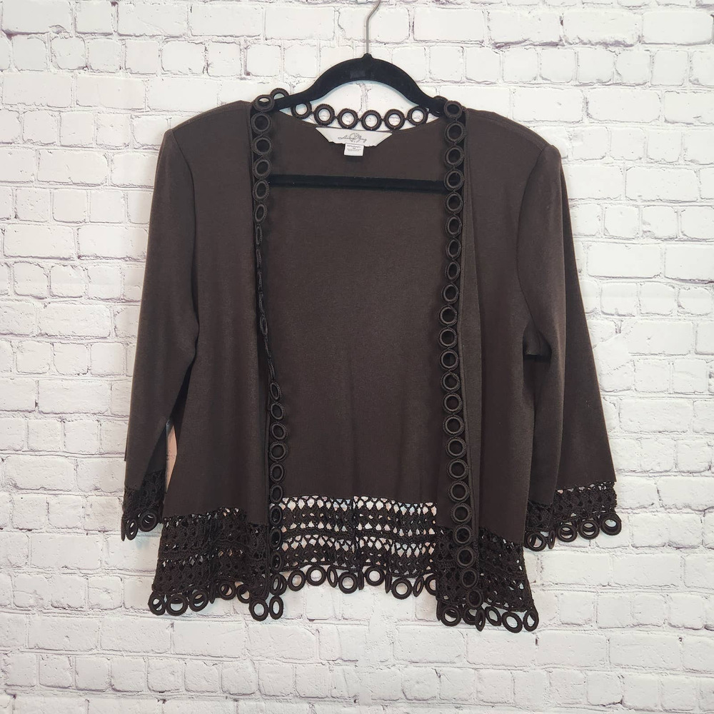 Ming Wang Women's Brown 3/4 Sleeve Open Cardigan Ring Lace Hem Detail M